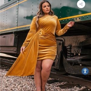 JessaKae Mustard Gold Velvet Draped Mini Dress